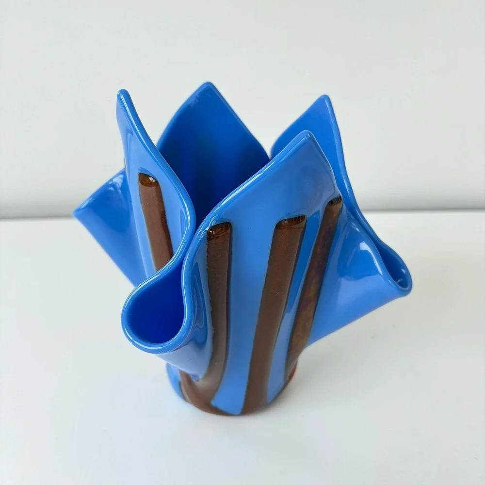 Vintage Murano Style Blue Handkerchief Art Glass Vase Copper Aventurine Stripes